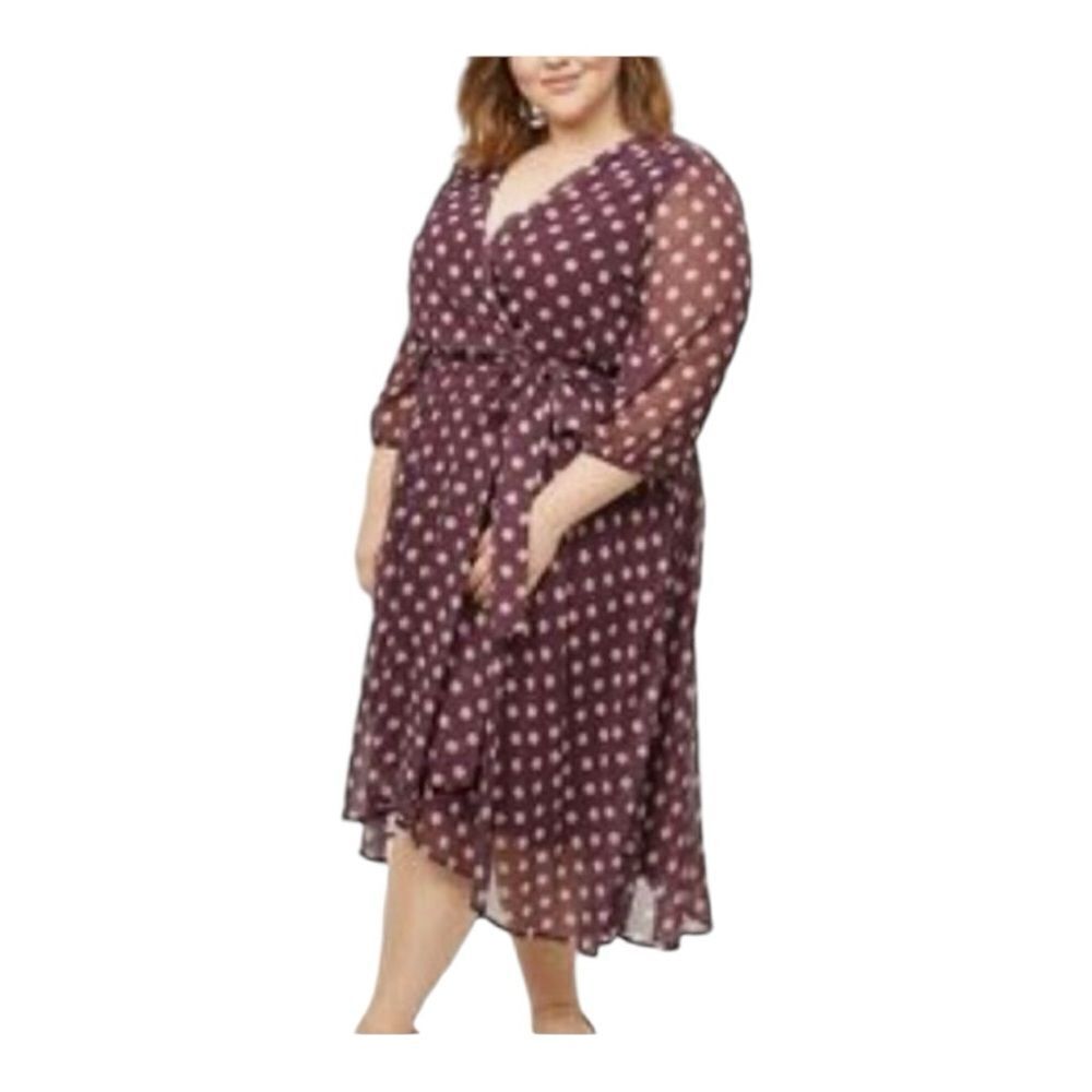 Lane Bryant Purple Polka Dot Crossover V-Neckline 3/4 Sleeve Midi Dress Size 22